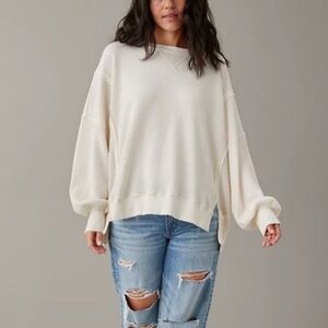 American Eagle Oversized Waffle Knit Sweatshirt Seriously Lived In White Large